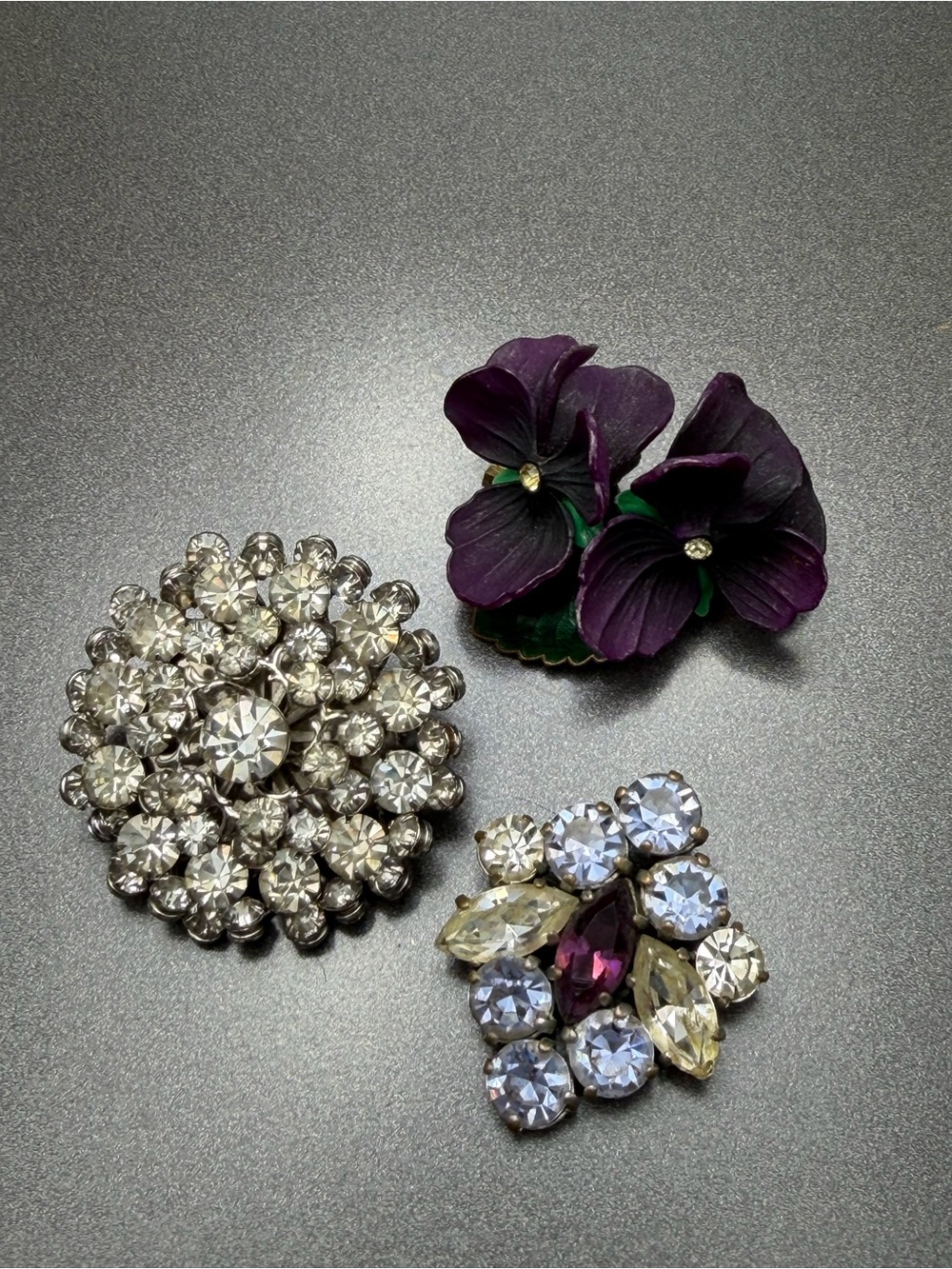 Vintage Pansy Purple Floral and Rhinestone Brooch Set #cz566